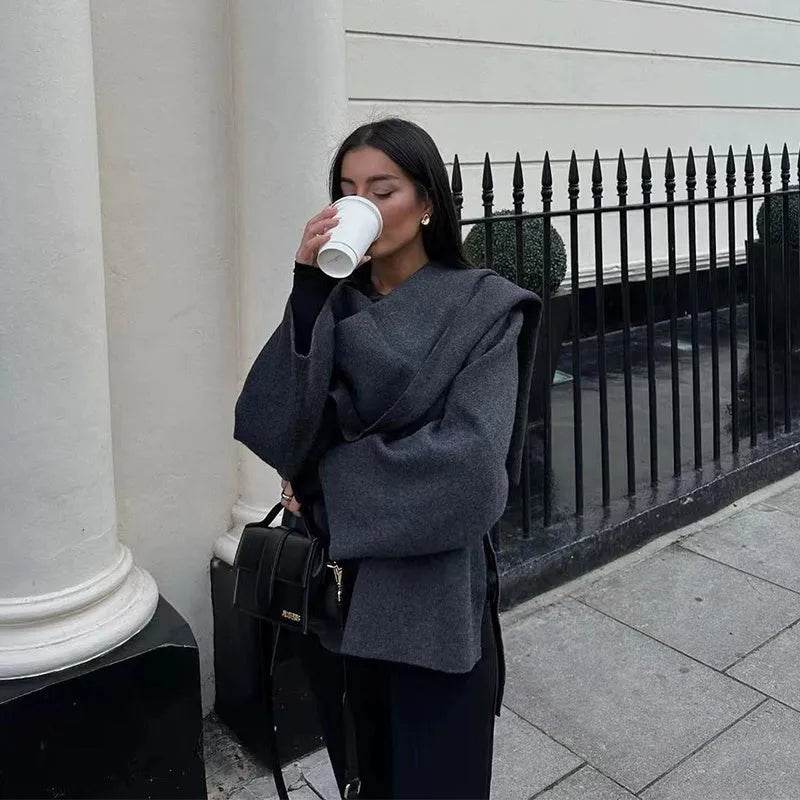 Women Solid Fashionable Cozy Scarf Winter Coat Jacket