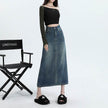 High Waisted Denim Skirt Long Cotton Solid Style