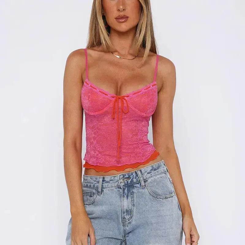 Charming Lace Camisole Top Summer Slim Gauze Backless Vest Fashion Lace-up Evening Top for Women Low Back Tops
