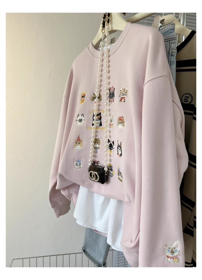 Women's 3D Kitten Embroidery Pullover Sweater Coat – Loose Fit Canada USA