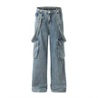 Ribbon Design Multi-pocket Workwear Denim Trousers Men Jeans
