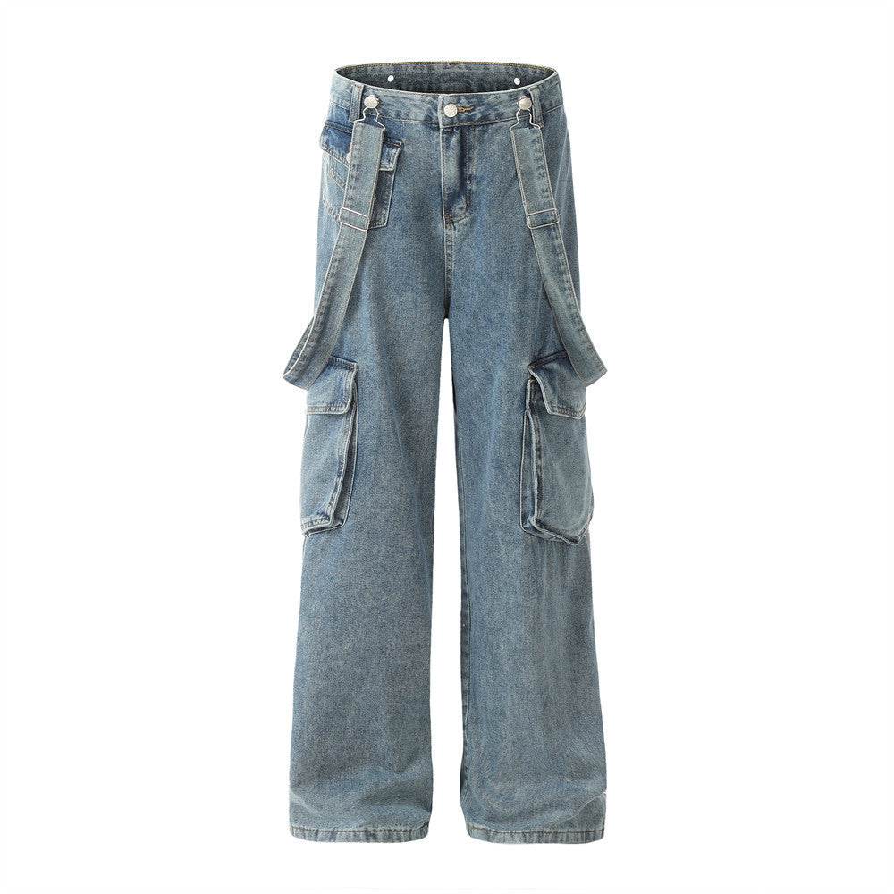Ribbon Design Multi-pocket Workwear Denim Trousers Men Jeans