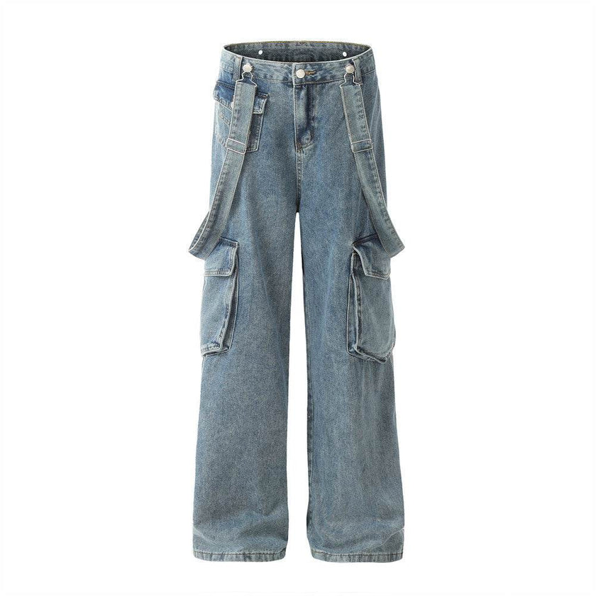 Ribbon Design Multi-pocket Workwear Denim Trousers Men Jeans