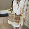 Striped Straw Beach Tote Bag with Tassel – Large Capacity Boho Shoulder Bag | Beige & Brown