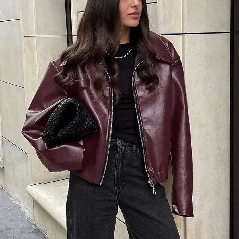 Fashioned Oversized zipper Lapel Leather coat jacket for women