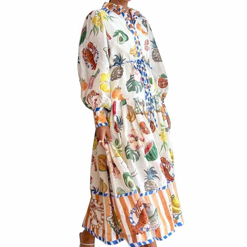 Floral Print Beach Dress – Women's Lantern Sleeve A-Line Midi Dress