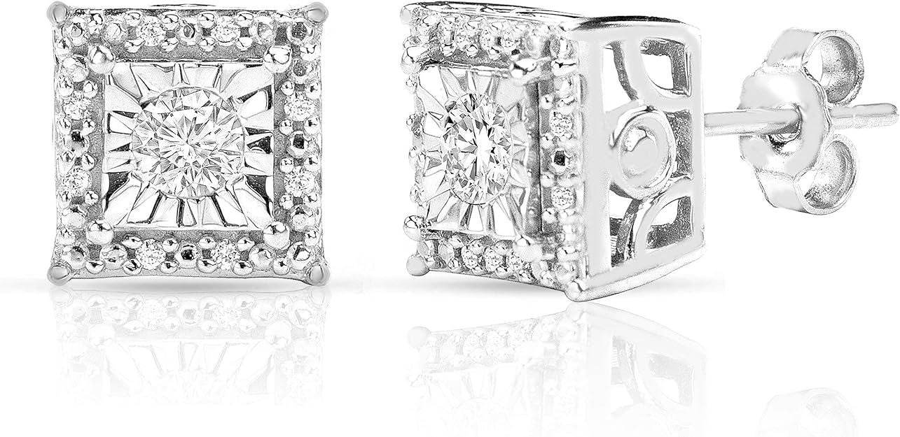 Diamond Stud Earrings For Women Sterling Silver Halo I-J Color, I2 I3 Clarity Metal Diamond Metal Diamond
