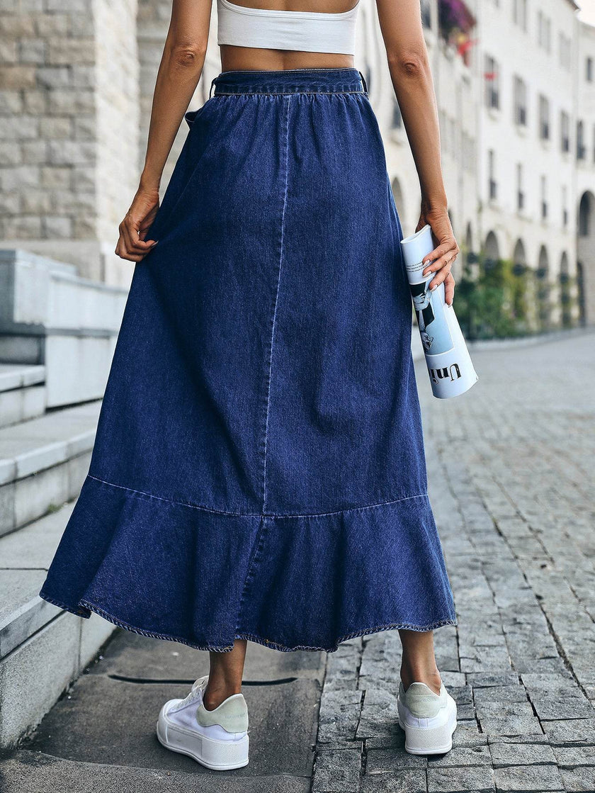 Ladies Fashion Casual Ruffled Blue Denim Maxi Skirt Women