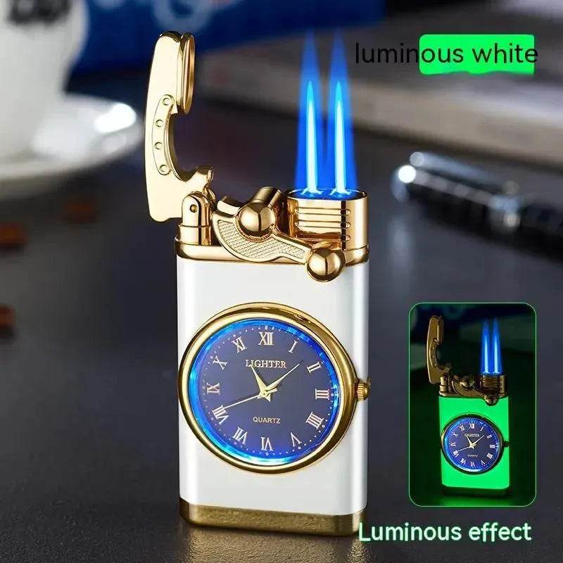 New Lighter With Electric Watch Rocker Arm Automatic Ignition Straight Blue Flame Lighter Creative Real Dial Inflatable Windproof Cigar Lighter Men's Watch Gift