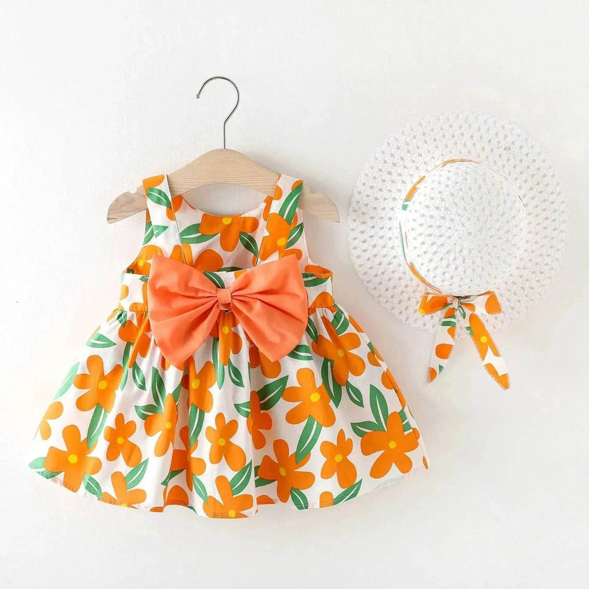 Baby Girl Floral Princess Dress with Matching Hat – Cotton Suspender Sundress for Toddlers