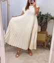Women Summer Pleated Maxi Dress Casual Short Sleeve Crewneck Flowy Swing Long Dress with Pockets