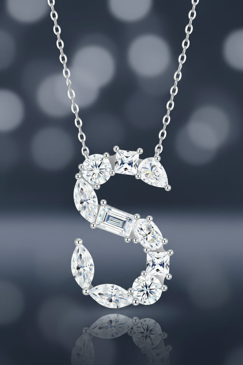 S Initial Letter Necklace – Moissanite Pendant, S925 Silver Platinum Plated, GRA Certified