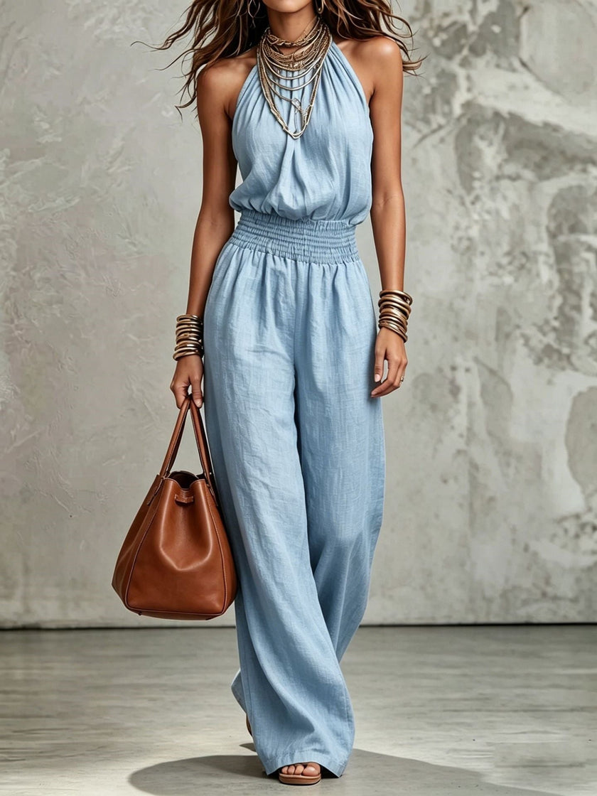 Women's Halter Neck Backless Wide-Leg Jumpsuit | Sleeveless Lace-Up Onesie