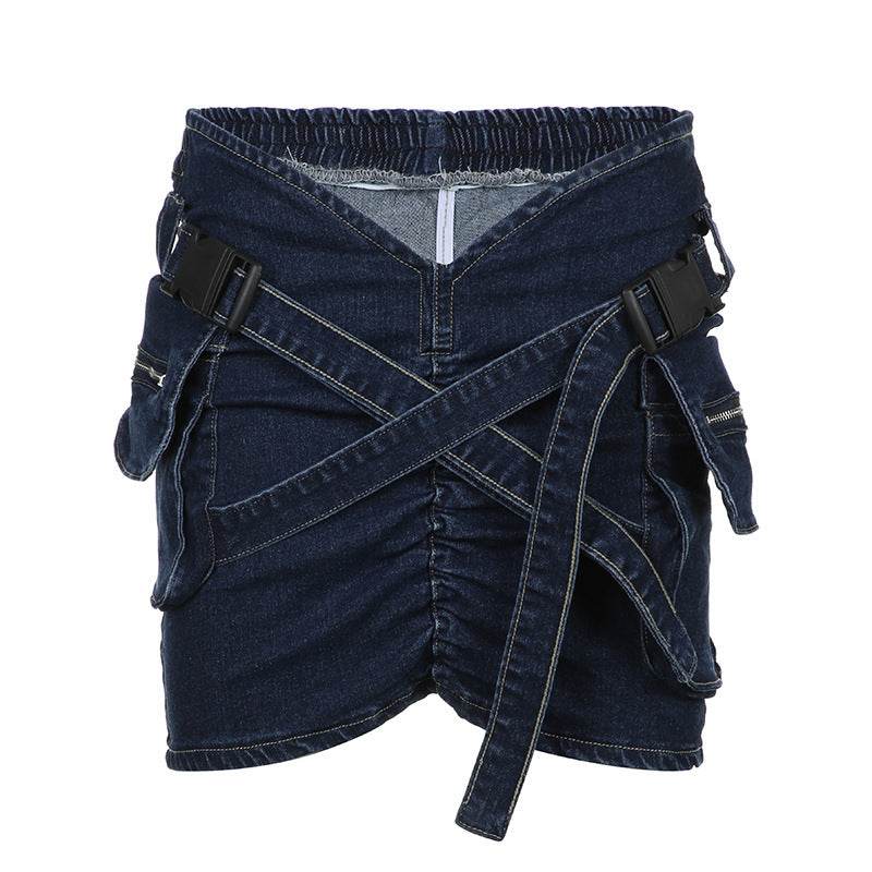 Cross School Bag Buckle V-shaped Waist Workwear Denim Mini  Cargo Skirt