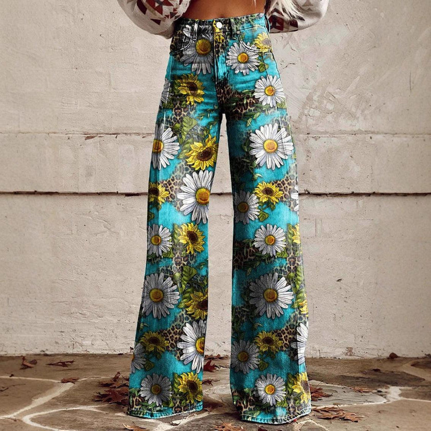 Women's 3D Graphic Print Flare Pants – Plus Size Mid-Waist Wide Leg Printed Trousers