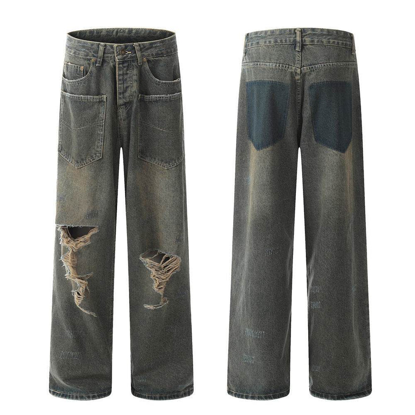 Pocket Design Loose Denim Straight-leg Trousers Men Jeans