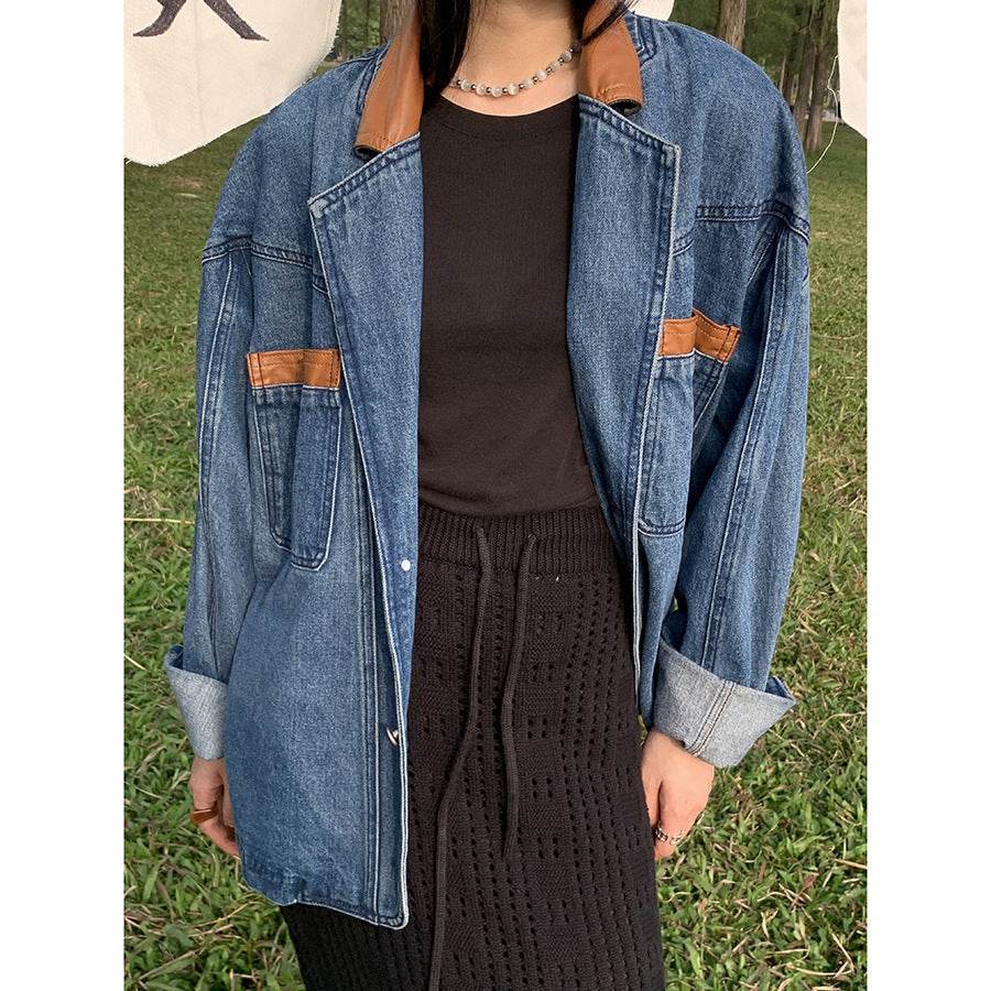 Plus Size Denim Jacket – Loose Fit Lapel Style in Denim Blue