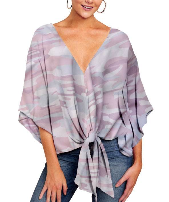 New V Neck Blouse Women Leopard Print Floral Tie Front Blouses Batwing Summer Oversize Ladies Tops