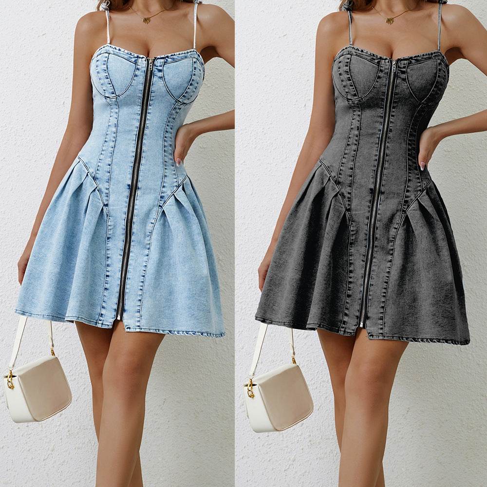 Chic Personality Street Splicing Sling Denim Mini Dress