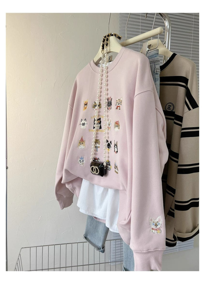Women's 3D Kitten Embroidery Pullover Sweater Coat – Loose Fit Canada USA