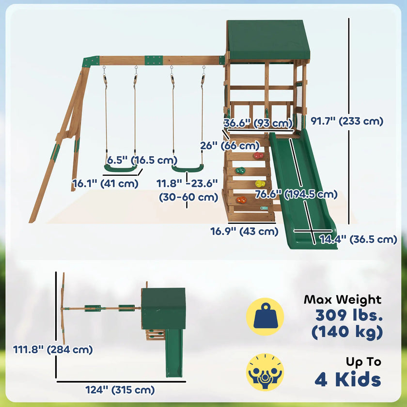 Qaba Wooden Swing Set with Slide, 2 Swings & Rock Wall (Kids Outdoor Playset)