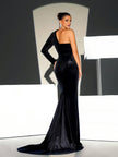 One-Shoulder Long Sleeve Sweatheart neck Velvet Mermaid Maxi Dress - Black