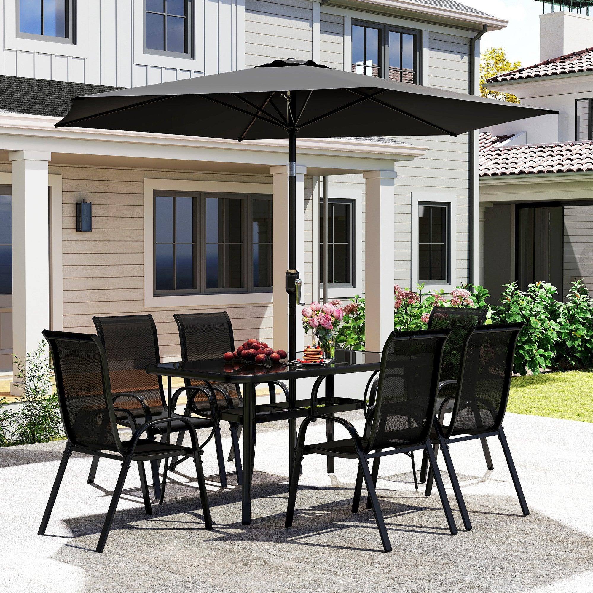 8 Pieces Patio Furniture Set with 9Ft Patio Umbrella, Outdoor Dining Table and Chairs, Black