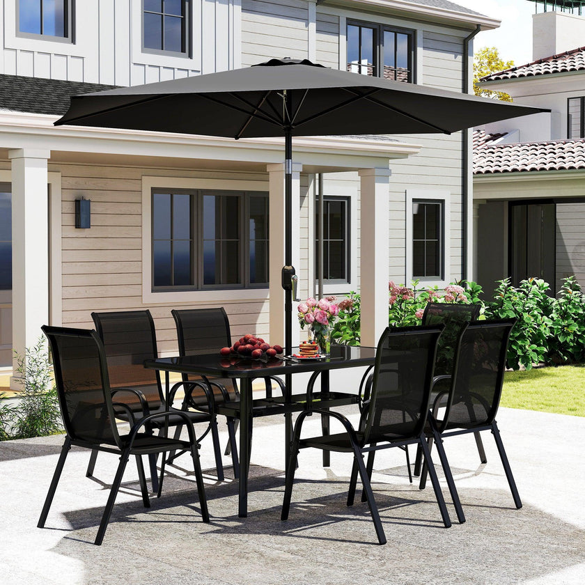 8 Pieces Patio Furniture Set with 9Ft Patio Umbrella, Outdoor Dining Table and Chairs, Black
