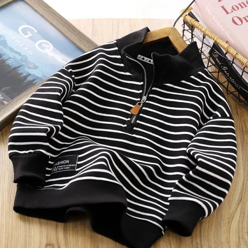 Kids Striped Zip Sweatshirt, Polo Collar Pullover Top