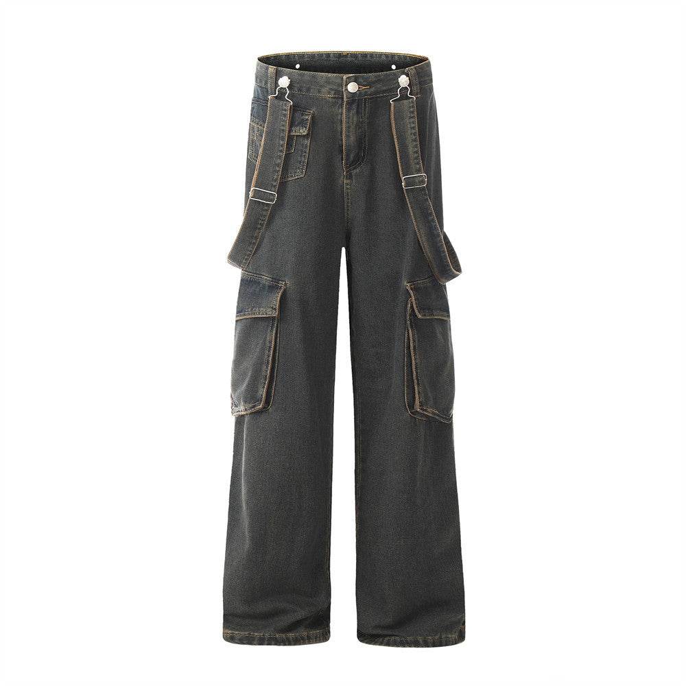Ribbon Design Multi-pocket Workwear Denim Trousers Men Jeans