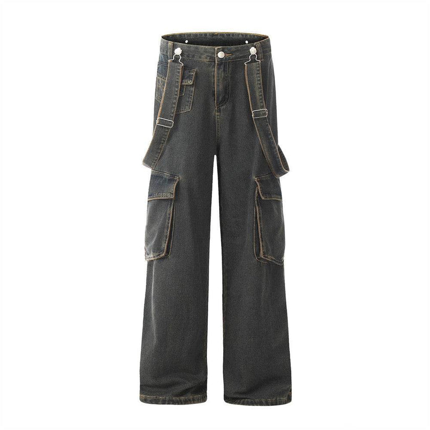Ribbon Design Multi-pocket Workwear Denim Trousers Men Jeans