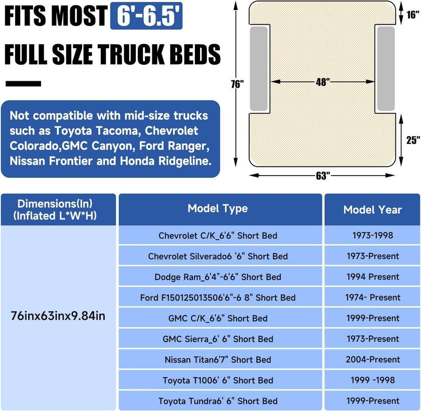 Inflatable Truck Bed Outdoor Camping Air Mattress 6.0-6.5ft
