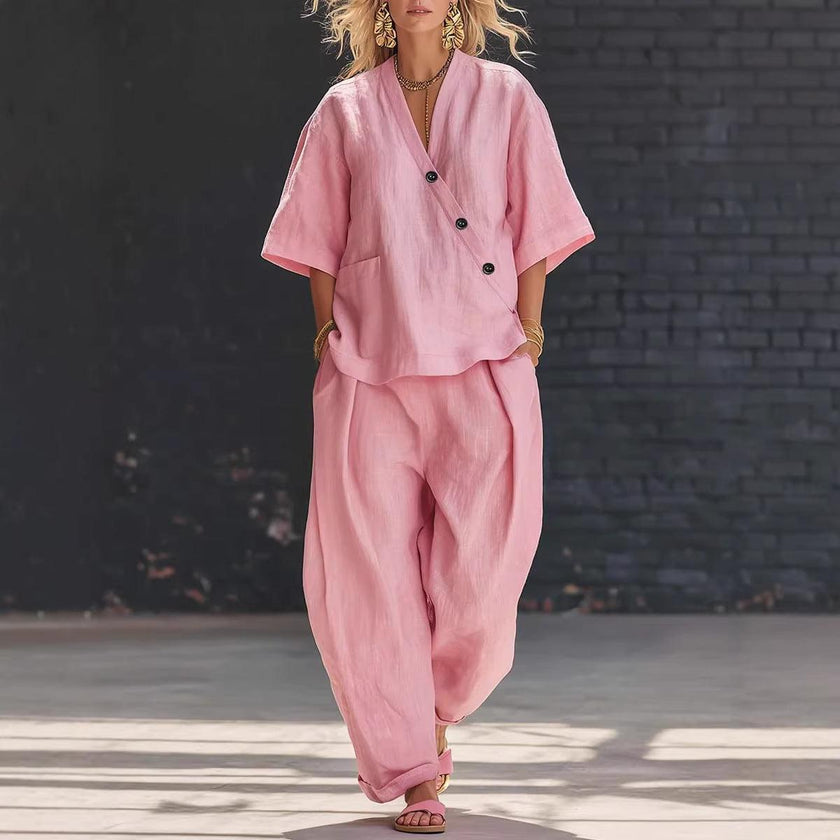 Women's Cotton Linen 2 Piece Outfit V-Neck Top & High-Waist Trousers