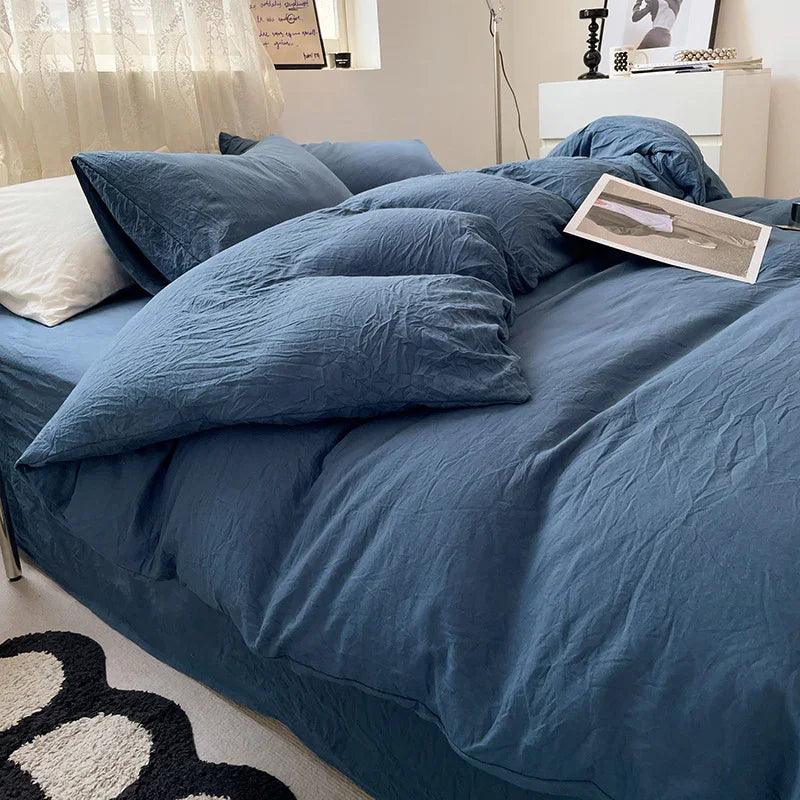 Solid Colour Sanding Washed Cotton 4-Piece Duvet Cover Bed Set