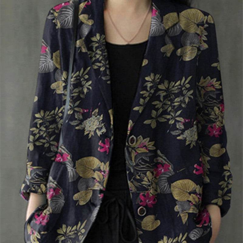 Women's floral Cotton Linen jacket Pocket Blazer