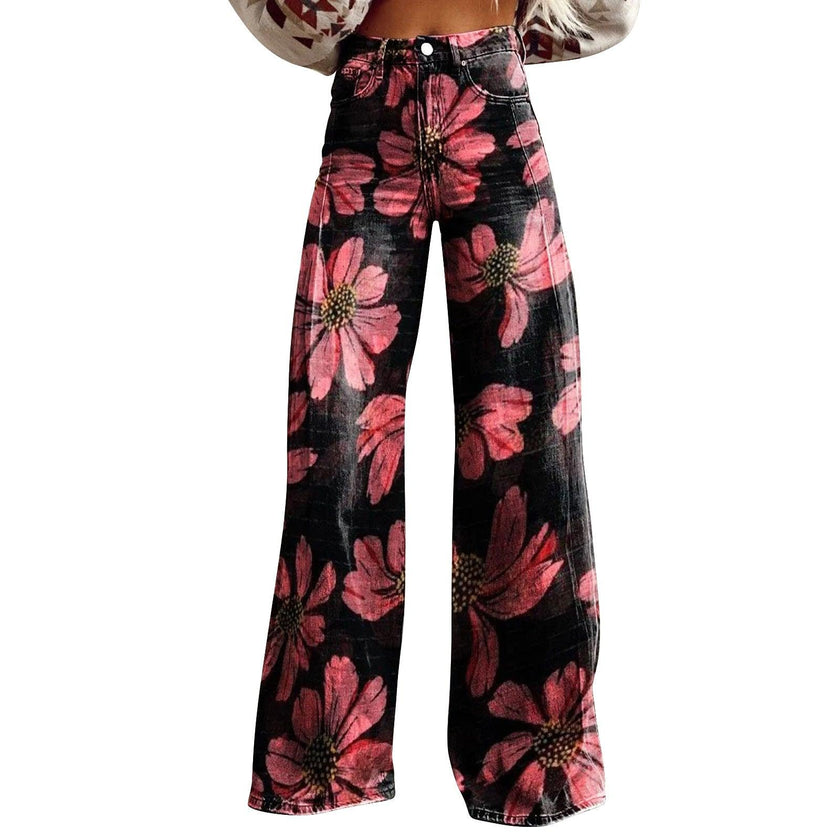 Women's 3D Printed Flared Denim Jeans – Graphic Print Wide Leg Jeans