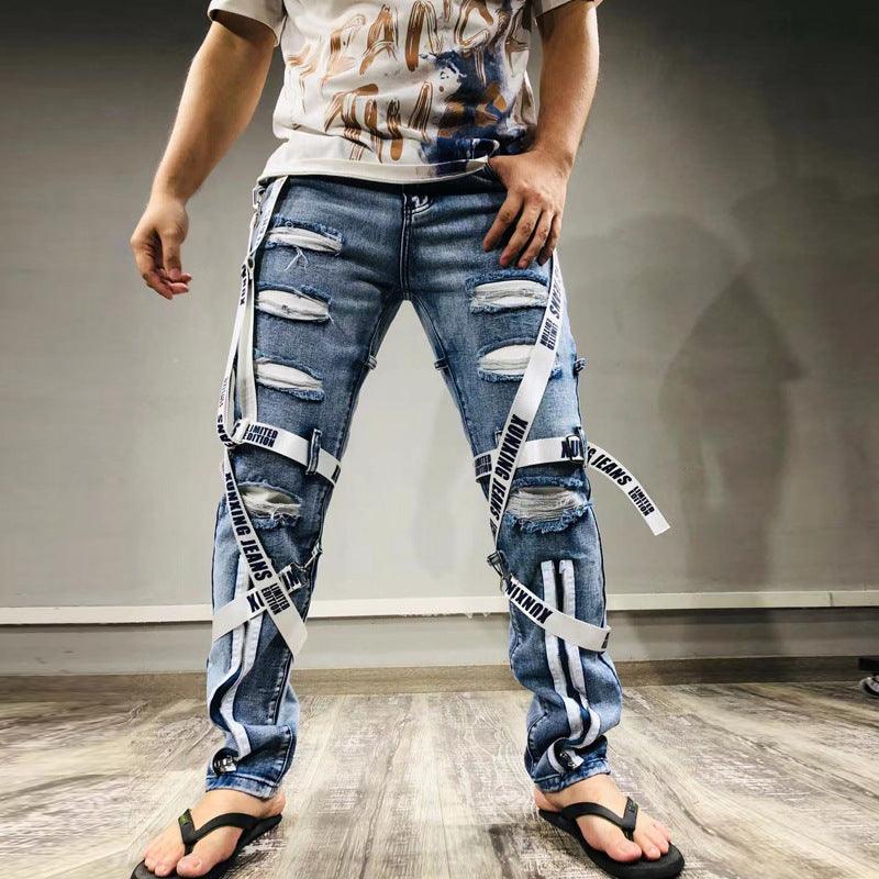 Men's Ripped Patchwork Biker Jeans – Slim Fit Distressed Denim Streetwear Pants