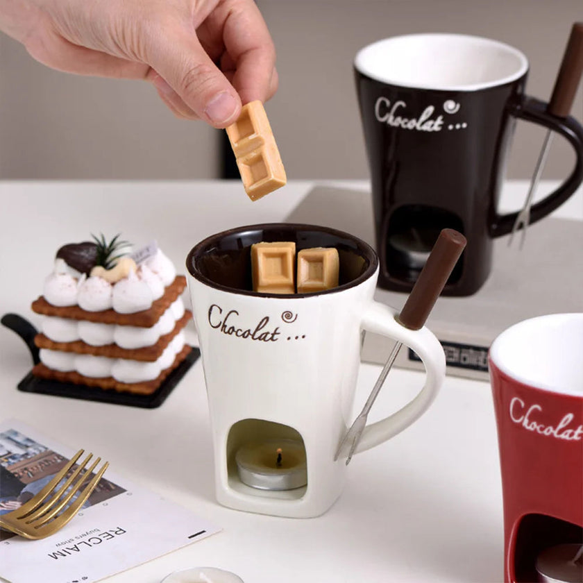 Mini Fondue Mug Set – Personal Ceramic Chocolate & Cheese Melting Pot with Fork (Beige, Coffee & Red)
