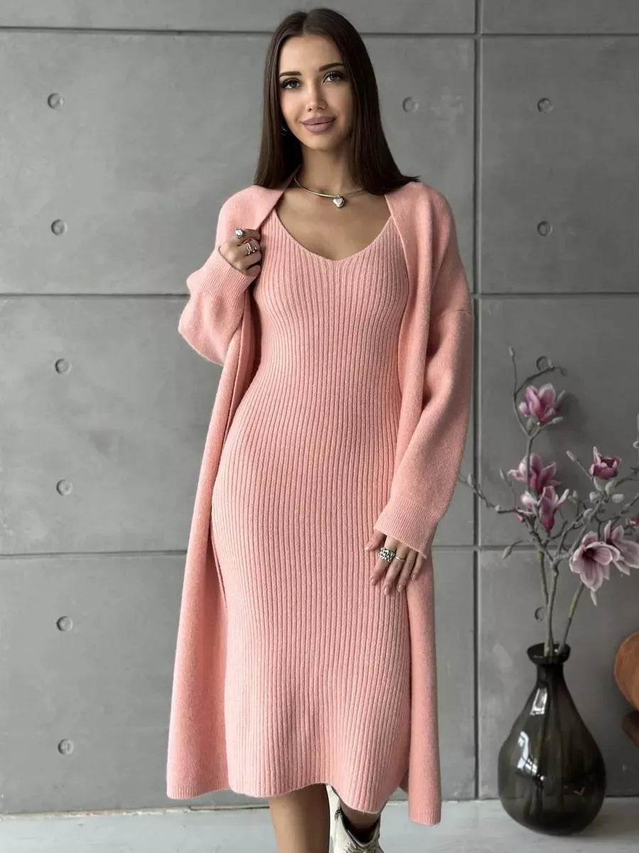Women 2pcs Winter outfit set  Long dress Cashmere Long Cardigan Jacket