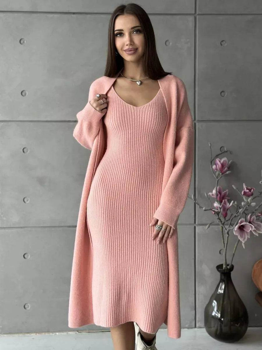 Women 2pcs Winter outfit set  Long dress Cashmere Long Cardigan Jacket