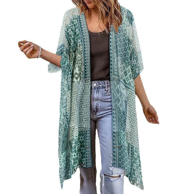 Spring Summer Printed Sun Protection Beach Kimono Cardigan Blouse top Women