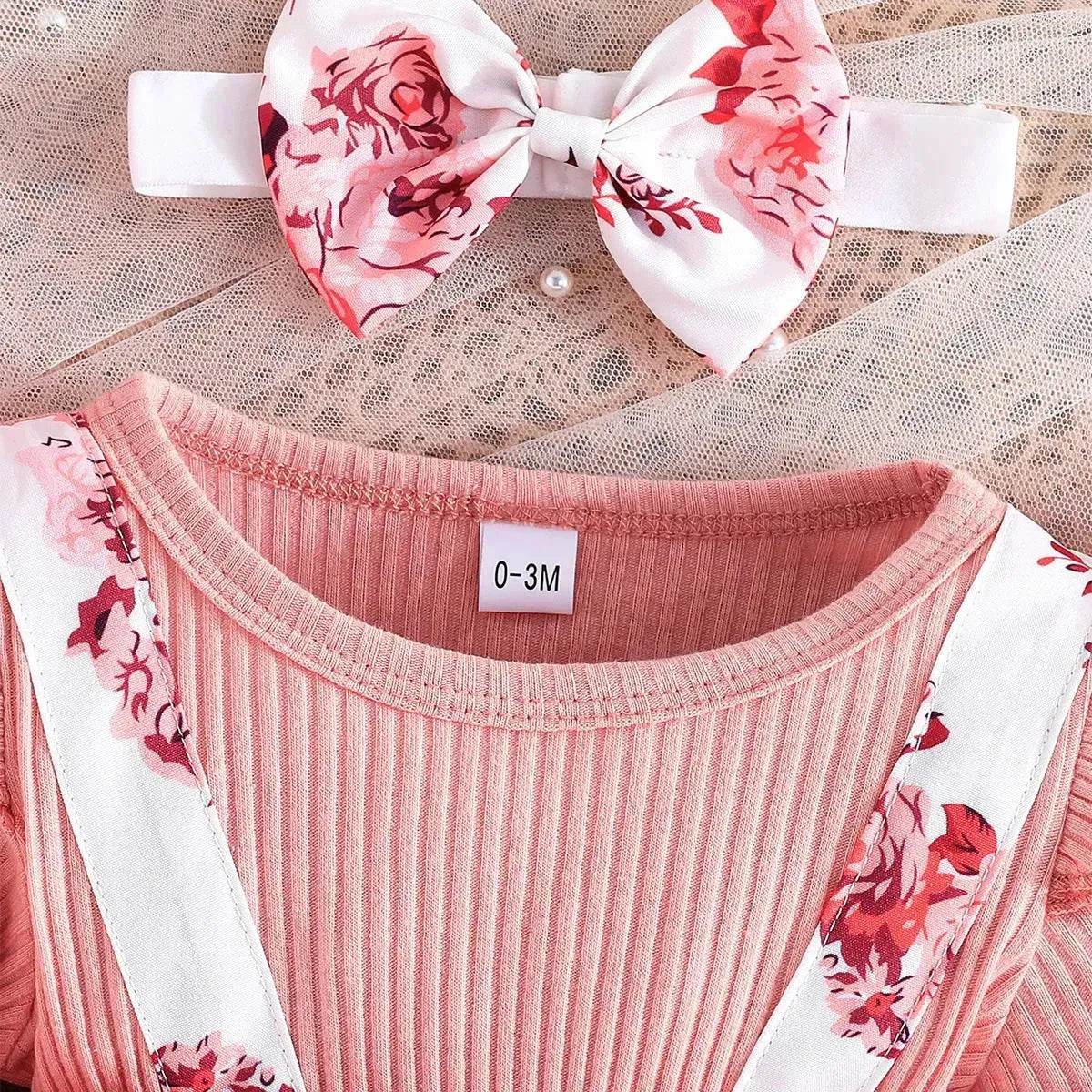 Latest Popular Sweet Long Sleeve pink Romper White Floral Suspender Skirt two piece for baby girls