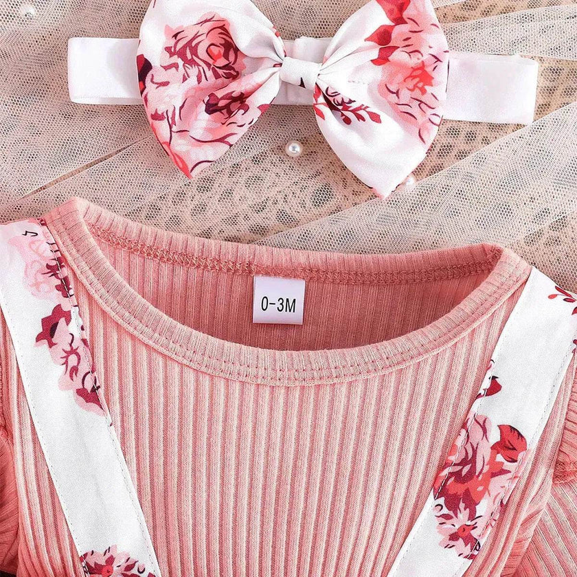 Latest Popular Sweet Long Sleeve pink Romper White Floral Suspender Skirt two piece for baby girls