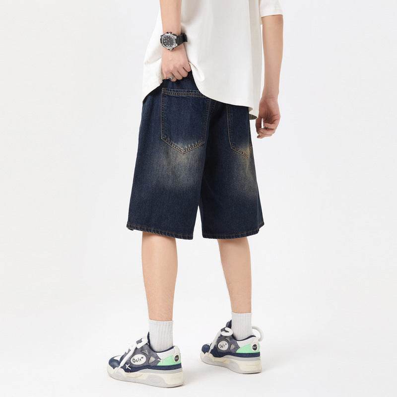 American-style Retro Washed Split Design Denim Shorts For Men Jeans