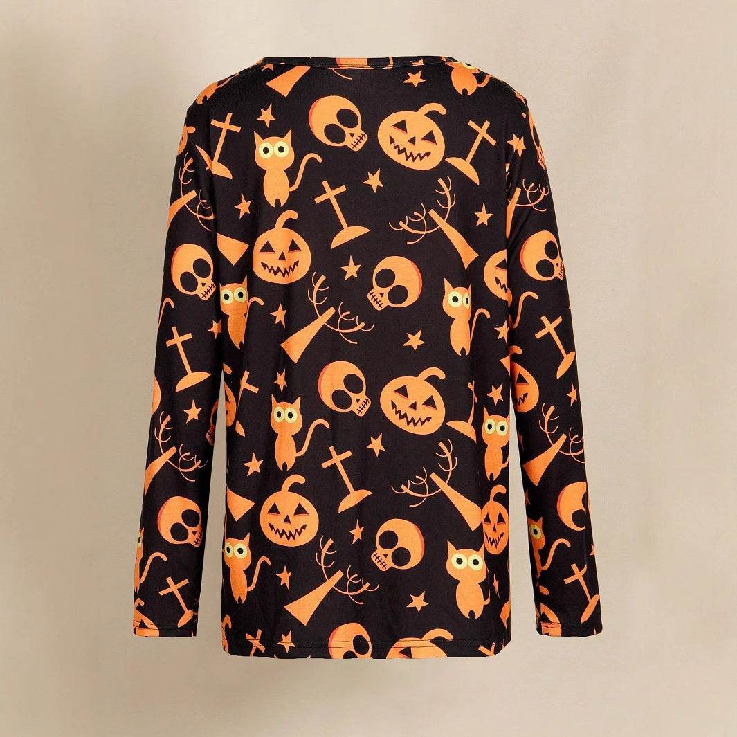 Digital Printing Halloween Round Neck Long Sleeve Plus Size T-shirt