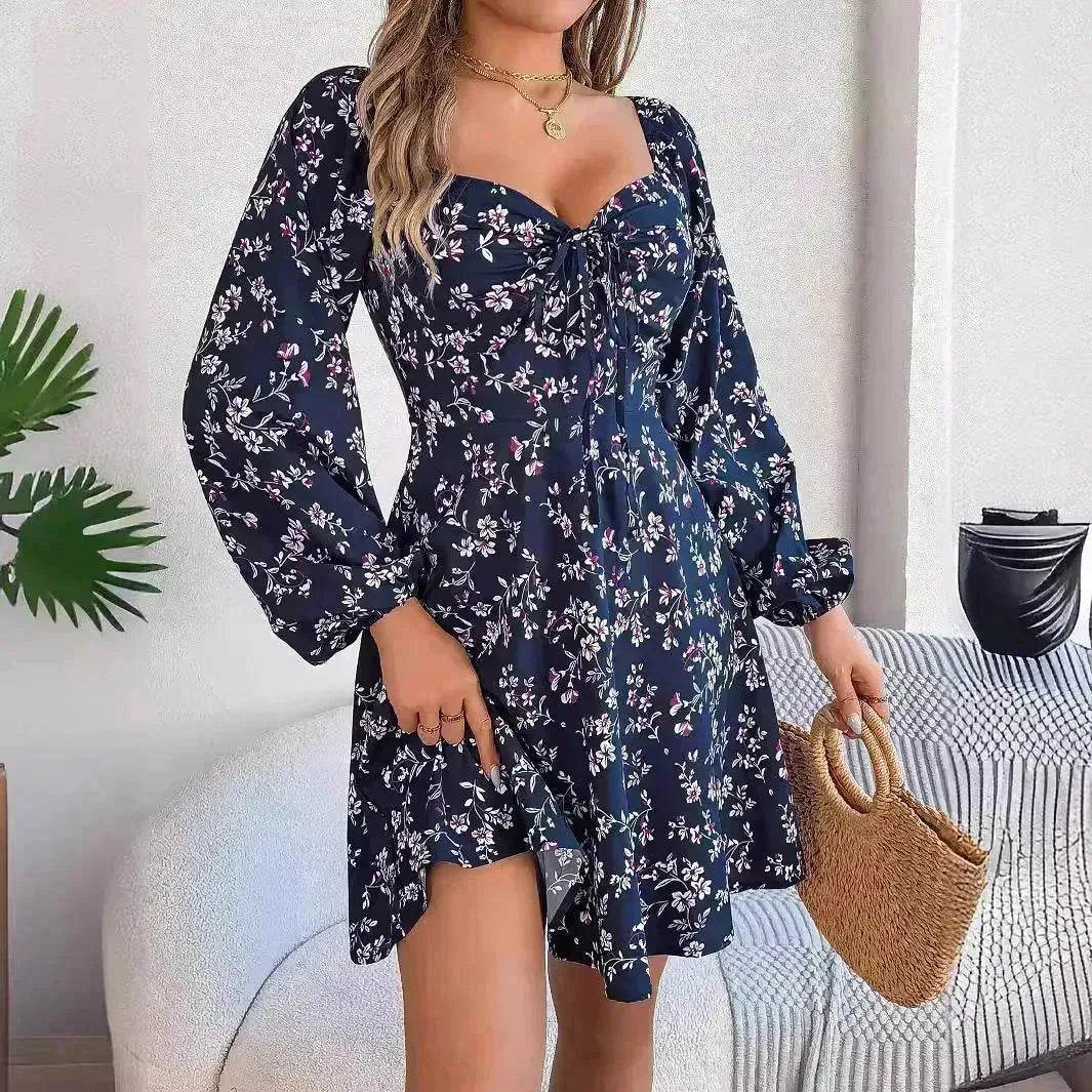 Casual Summer Floral Mini Dress Lantern Sleeve  Skater Dress