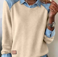 Denim Collar Long Sleeve Patchwork Knit Pullover Top – 16 Colours, S–XXXL