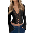 Slim V-neck Lace Button Shirt tank top Ins Fashion Trumpet Sleeve Long-sleeved Top Women Clothing