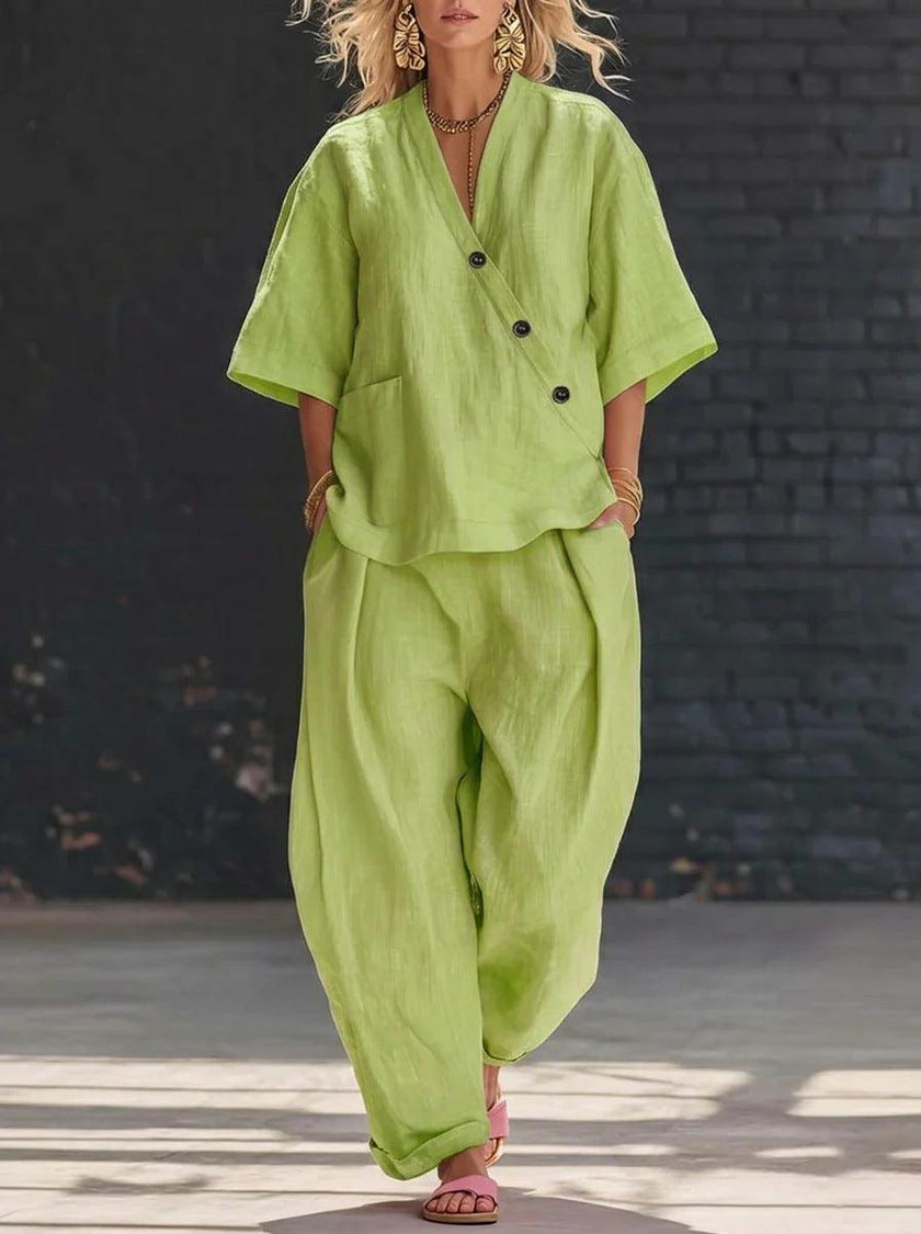 Women's Cotton Linen 2 Piece Outfit V-Neck Top & High-Waist Trousers