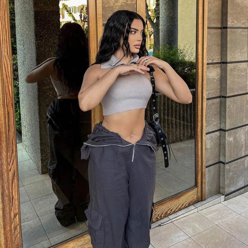 Solid Color High-waisted Zipper V Loose Straight Pocket Street fashion Cargo Pants Women
